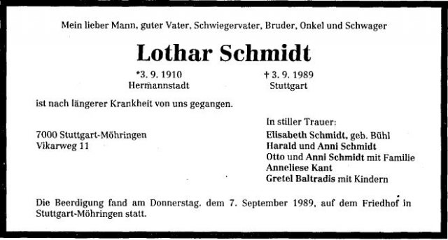 Schmidt Lothar 1910-1989 Todesanzeige